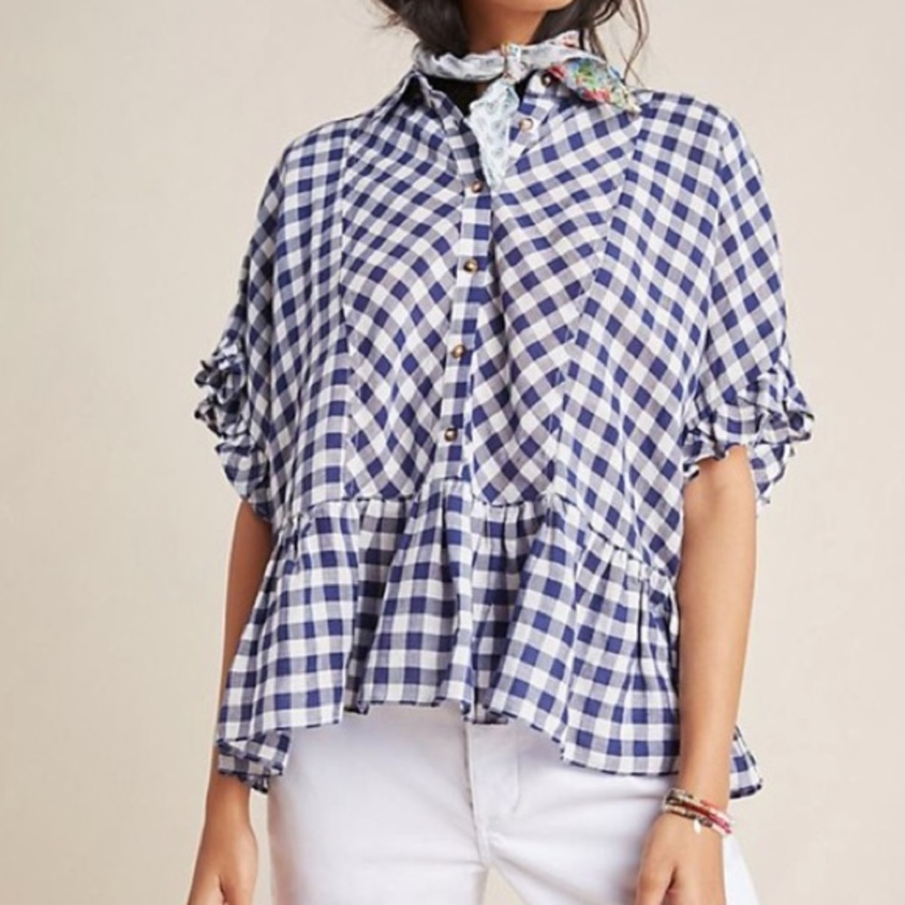 Anthropologie Maeve Flounced Gingham Plaid Blouse